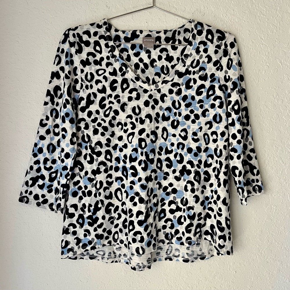 Chico's Cotton Slub V Neck Cheetah Leopard Print 3/4 Sleeve Basic Knit Top Tee